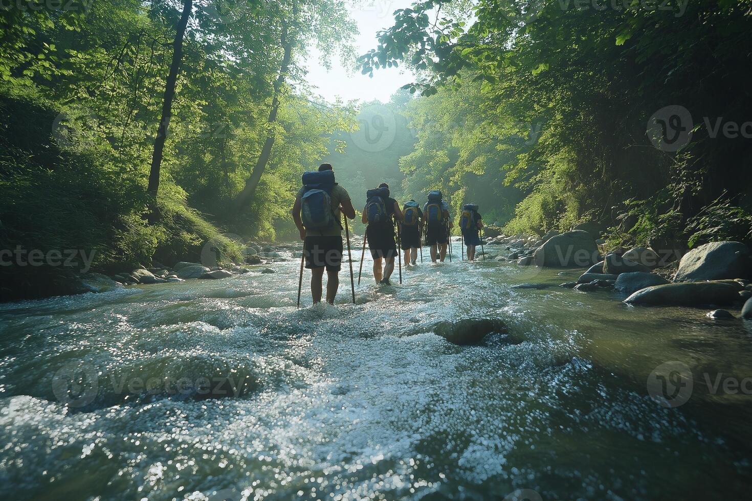 River Trekking Adventure People Wading Through Flowing Water photo
