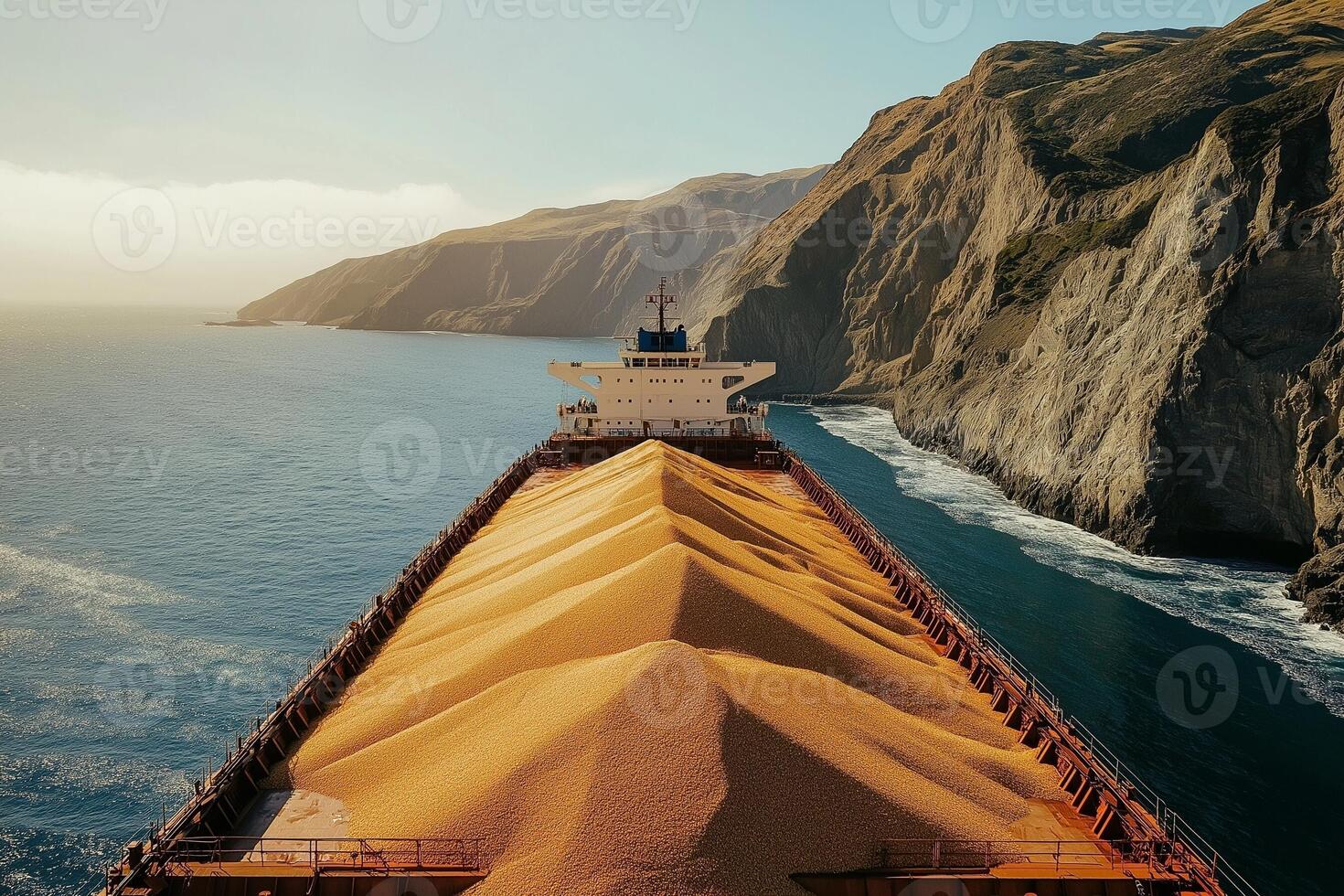 Grain-Loaded Bulk Carrier Sailing Near Rugged Coastal Shore photo