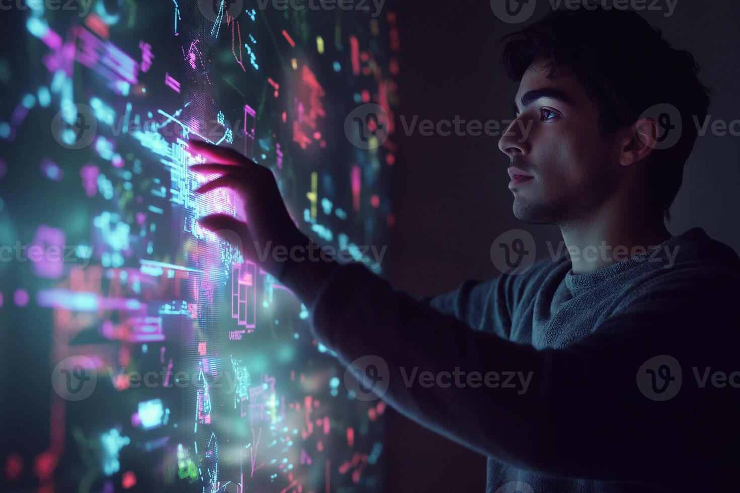 Man Adjusting Smart Home System in Stylish, High-Tech Living Room photo