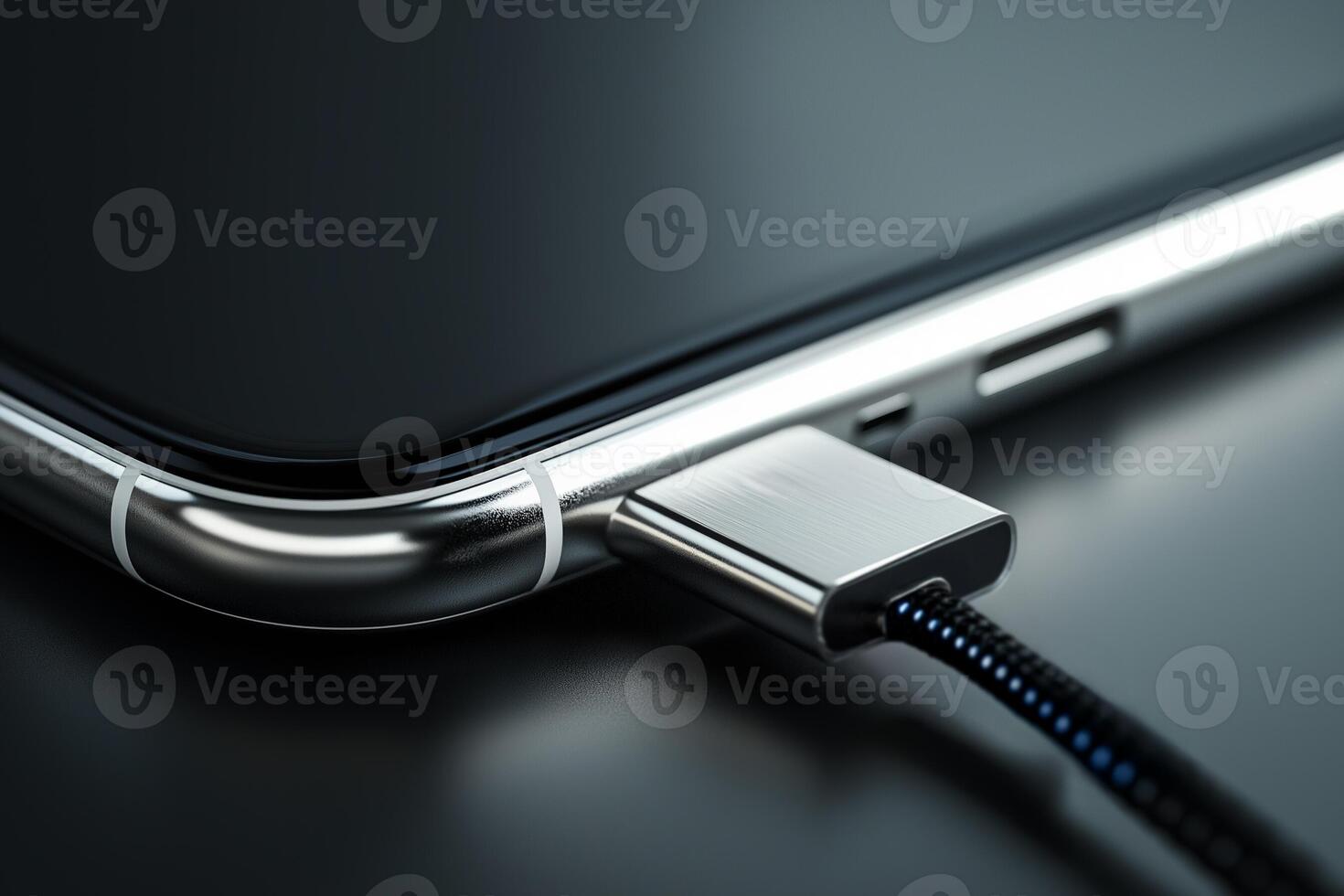 Close-up of USB charger plugged into sleek modern smartphone port photo