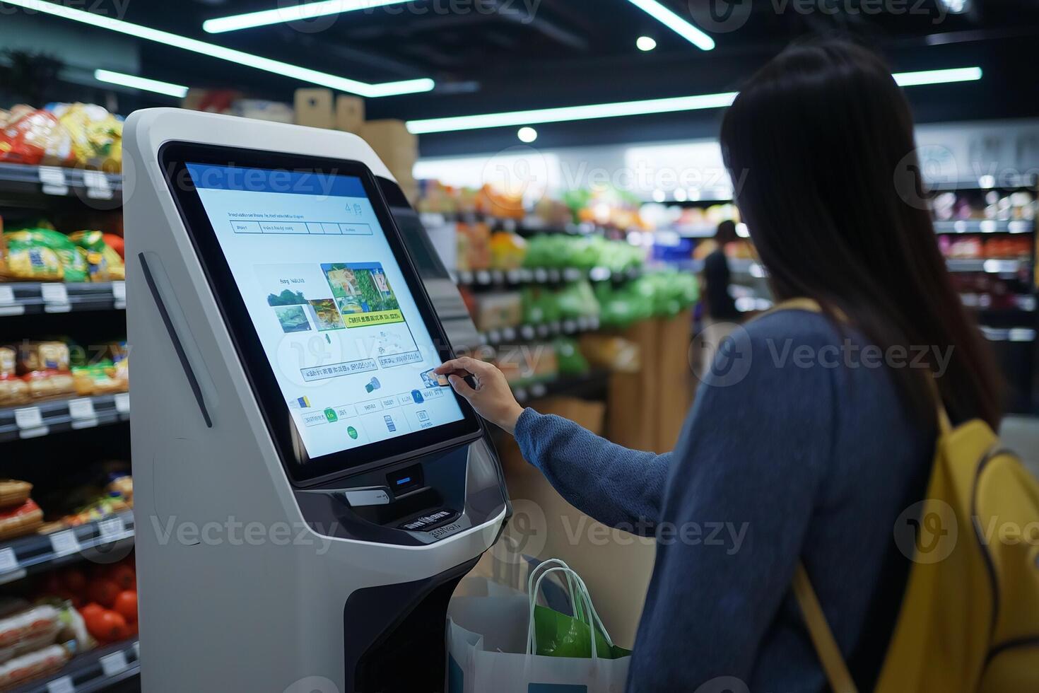 Self-Checkout at Modern Grocery Store Scanning Groceries Efficiently photo