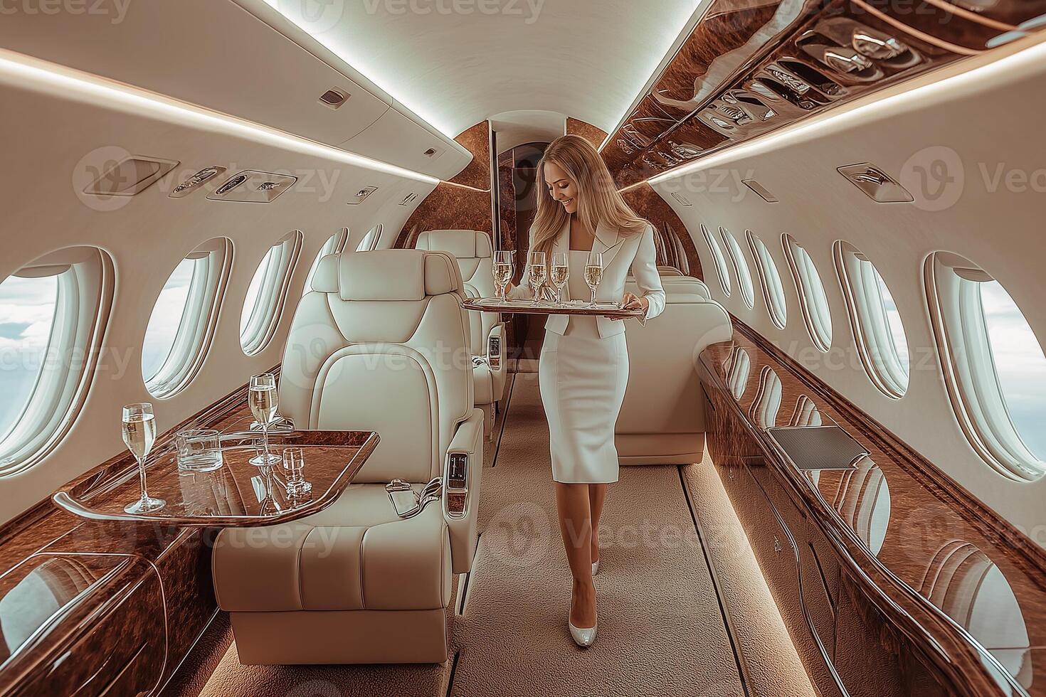 Luxurious private jet with plush seating and sophisticated interior features photo