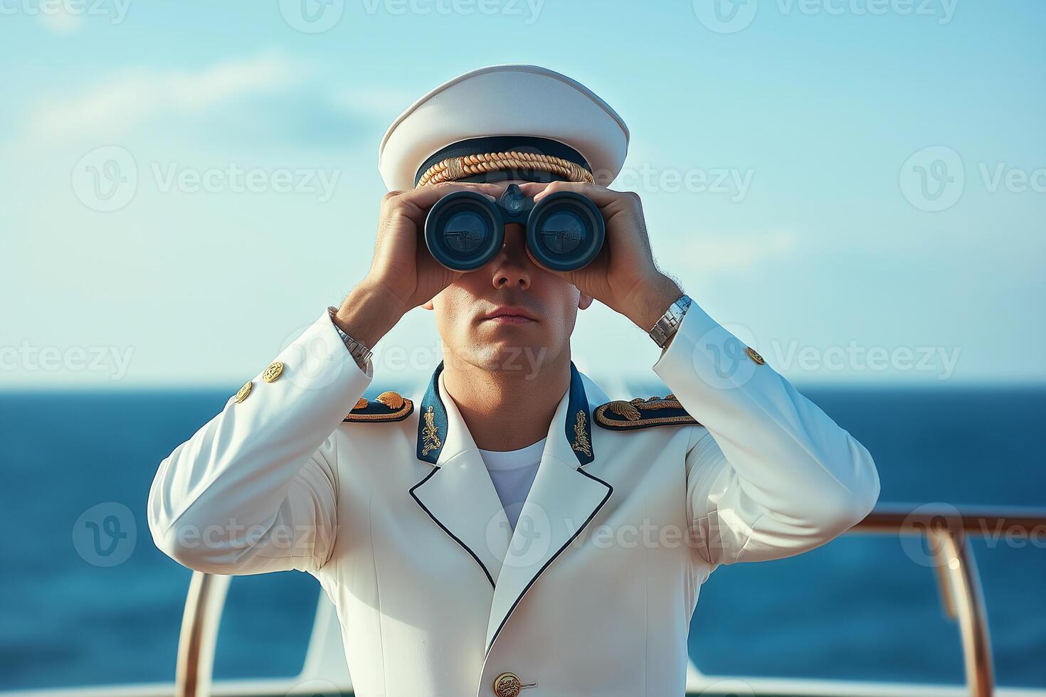 Captain on Cruise Bridge Using Binoculars, Focused photo