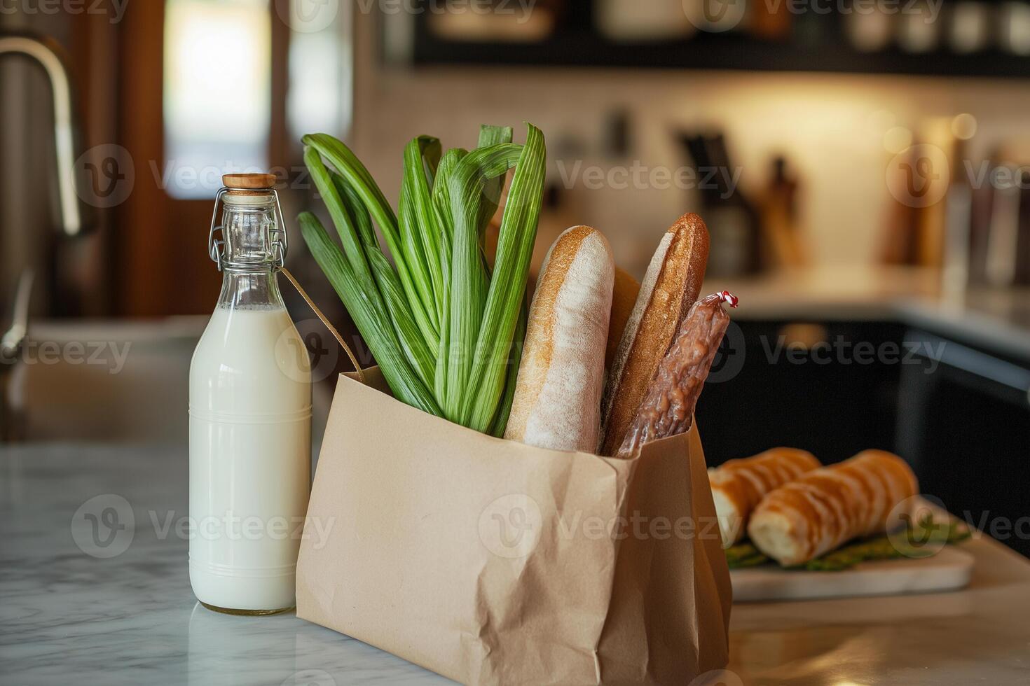 Brown Paper Bag with Fresh Groceries on Kitchen Counter photo