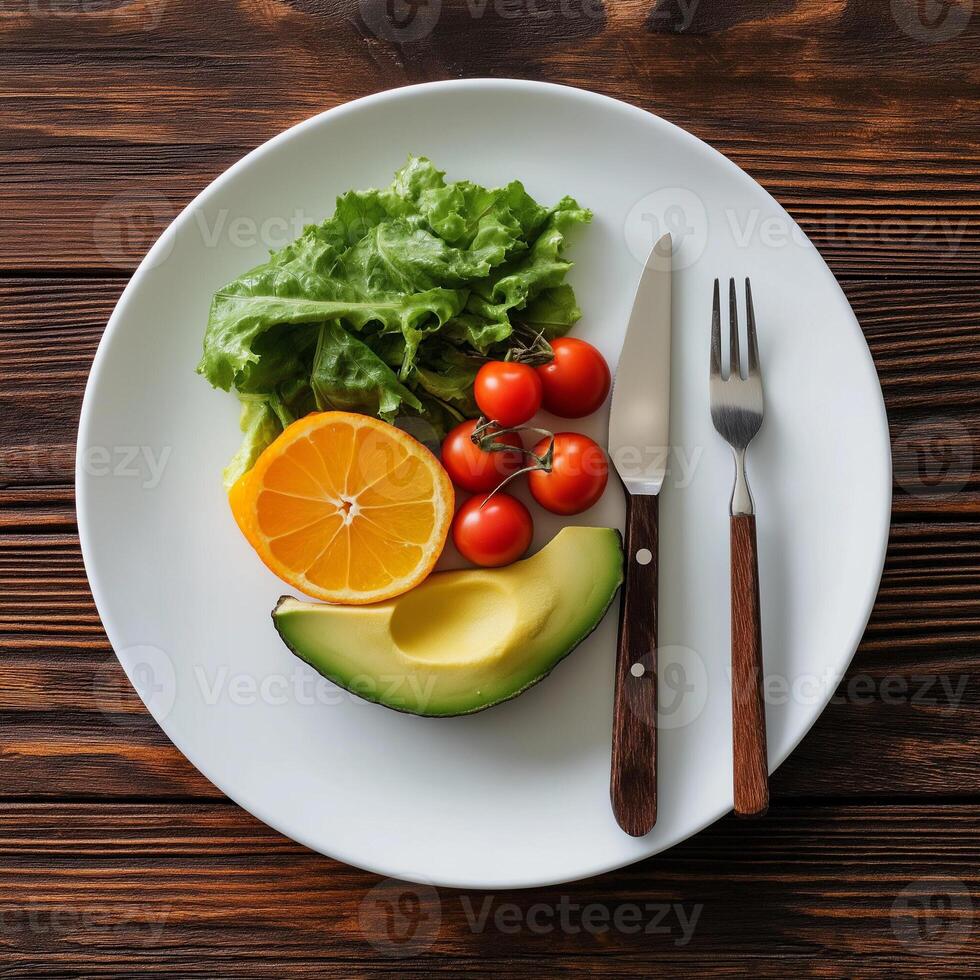 Minimalist plate with vibrant avocado, tomatoes, greens on rustic wooden table photo