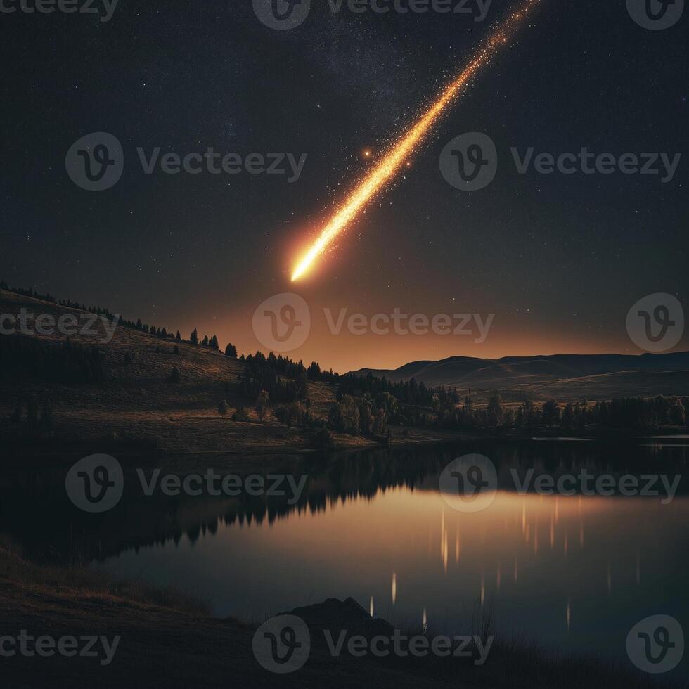 Meteor streaking across the sky, illuminating a serene night landscape scene photo