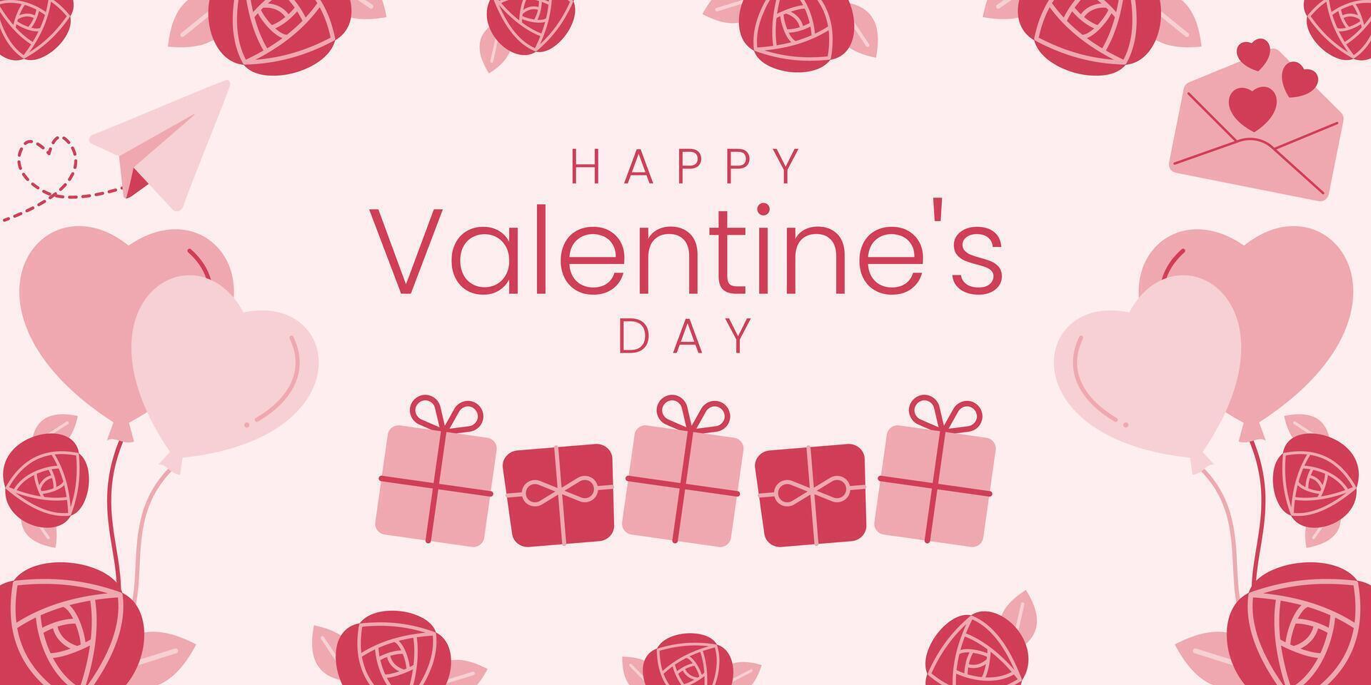 Pink valentine's day background banner with Gift, heart balloon, rose flower. vector