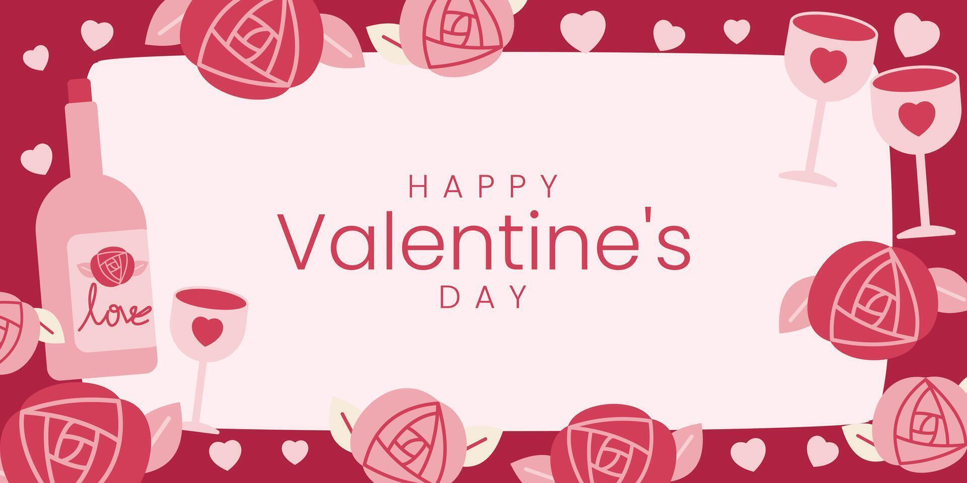 Pink valentine's day background banner with wine beverage rose flower and heart vector