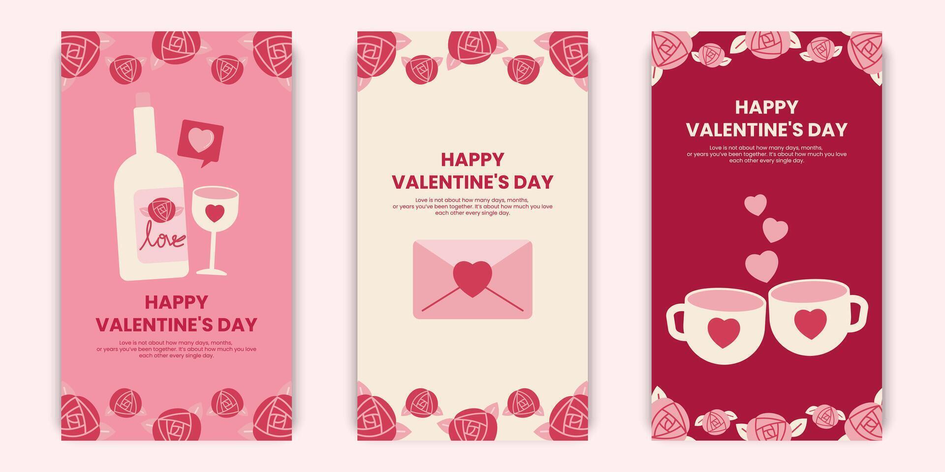 Pink and beige Valentines day social media template design with love letter, wine beverage, couple cup. vector