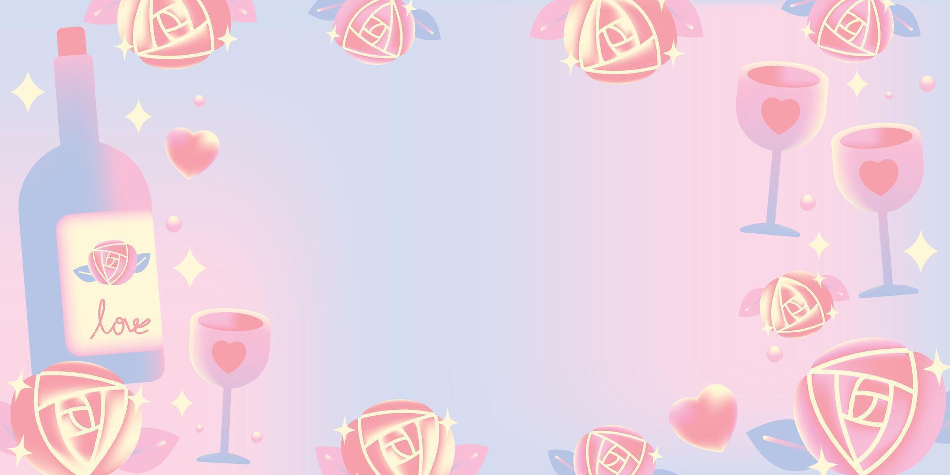 Gradient love concept background banner with wine beverage, rose flower and heart vector
