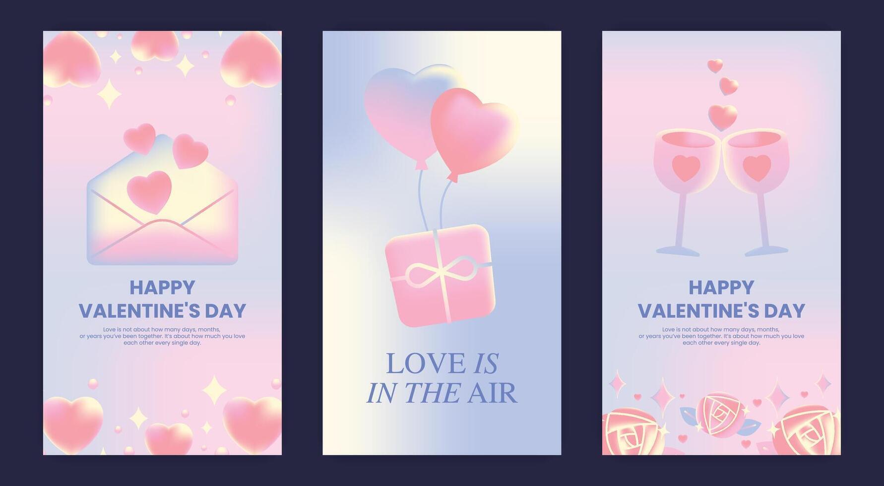 Gradient love concept Valentines day social media template design with love letter, couple wine beverage, Gift, heart balloon vector