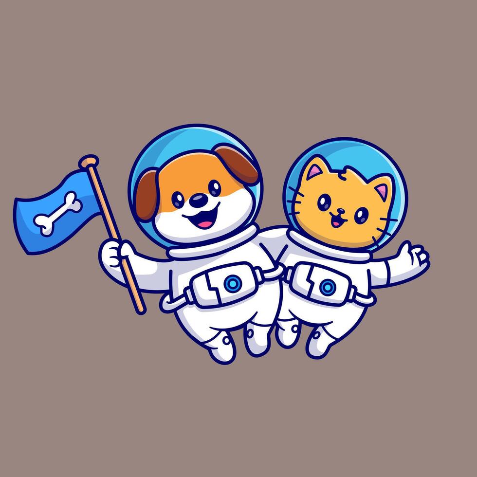 Cute Dog And Cat Astronaut Flying In Space With Flag Cartoon vector