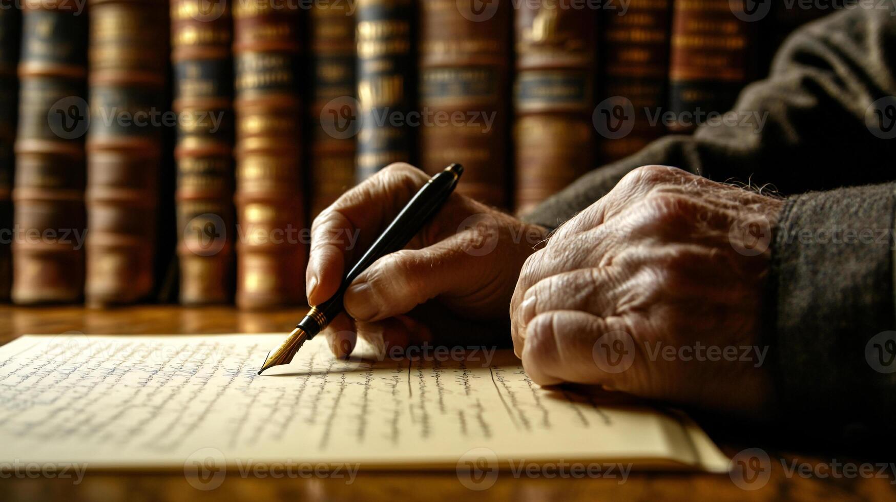 Hands Writing on Vintage Yellow Paper with a Ballpoint Pen Capturing Nostalgic Charm and Personal Touch photo