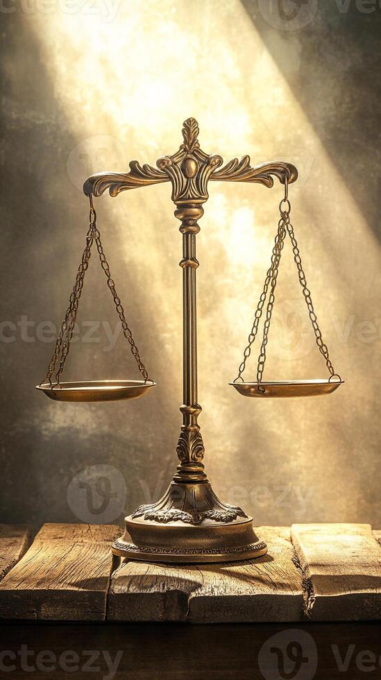 Balanced Empty Scale on a Table with Sunlight Shining Through the Window Symbolizing Fairness and Harmony photo
