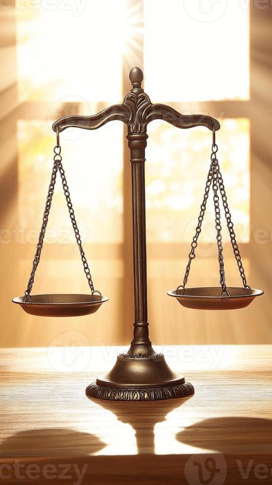 Balanced Empty Scale on a Table with Sunlight Shining Through the Window Symbolizing Fairness and Harmony photo