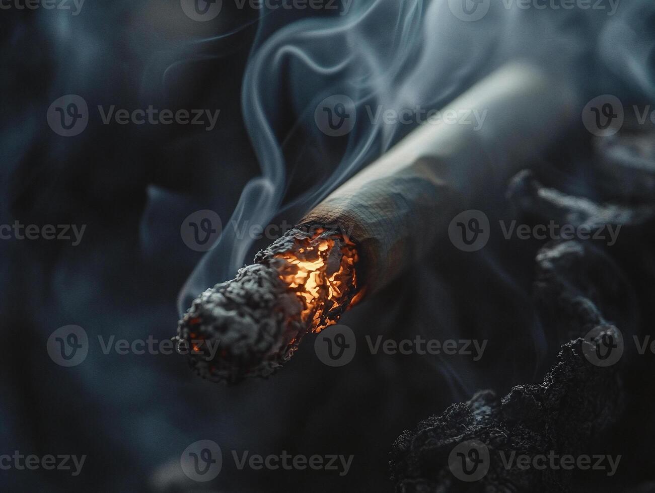 Close Up of a Burning Cigarette with Heavy Smoke Capturing the Intensity and Hazards of Smoking photo