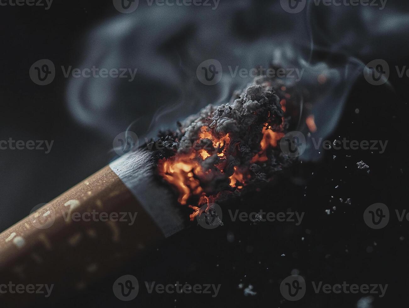 Close Up of a Burning Cigarette with Heavy Smoke Capturing the Intensity and Hazards of Smoking photo