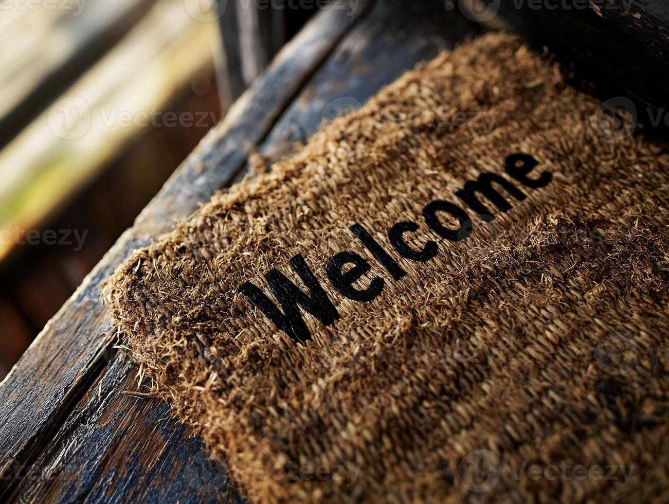 Retro Front Door Mat Saying 'Welcome' on a Porch Highlighting Vintage Charm and Inviting Warmth photo