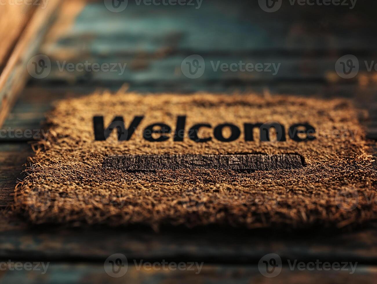 Retro Front Door Mat Saying 'Welcome' on a Porch Highlighting Vintage Charm and Inviting Warmth photo