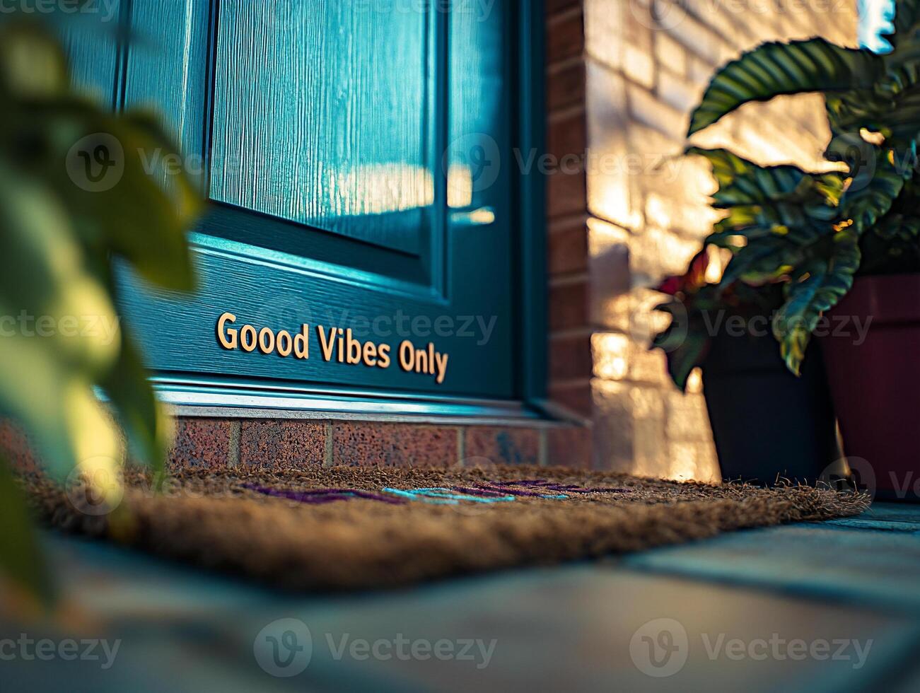 Blue Front Door with Good Vibes Only Sign and Welcome Mat Highlighting Positive and Inviting Floral Entrance photo