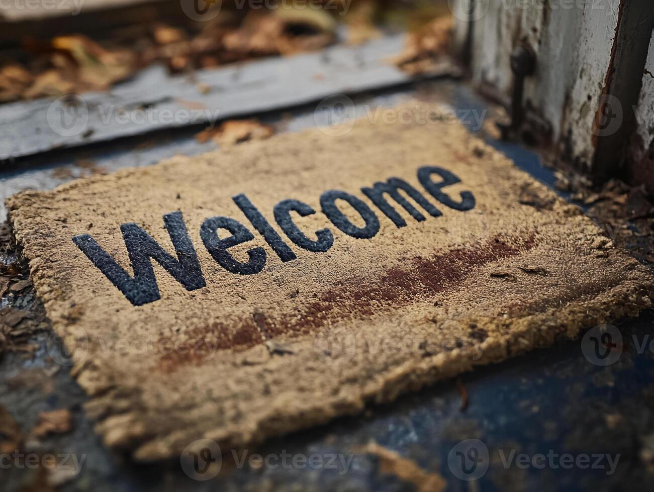 Close Up of Old Weathered Doormat with Welcome Writing and Vintage Charm photo
