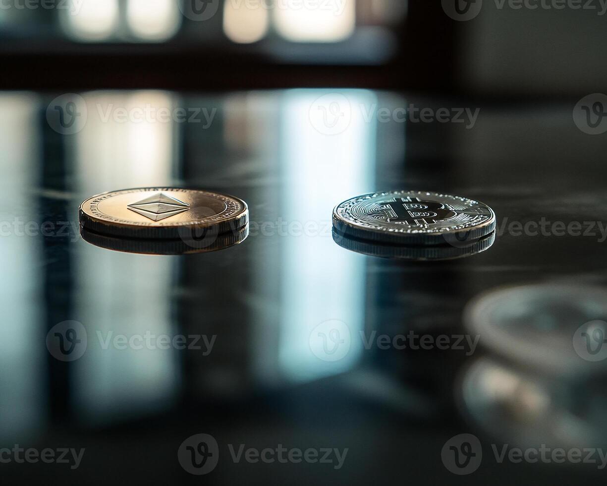 Close Up of Coin with Bitcoin Logo and Another Coin with Ethereum Logo on Marble Surface photo