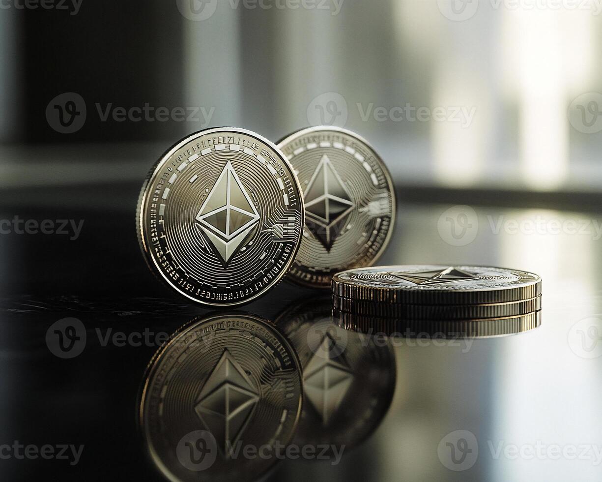 Close Up of Three Coins with Ethereum Logo on Marble Surface Highlighting Digital Currency photo