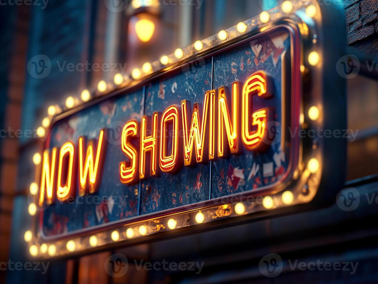 Bright Vintage Movie Marquee with Now Showing Text for Nostalgic Cinema Charm photo