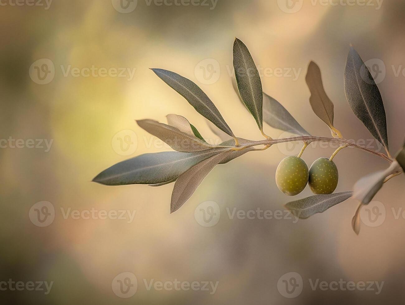 Close Up of Fresh Green Olives on an Olive Branch with Blurred Background for Natural Beauty photo