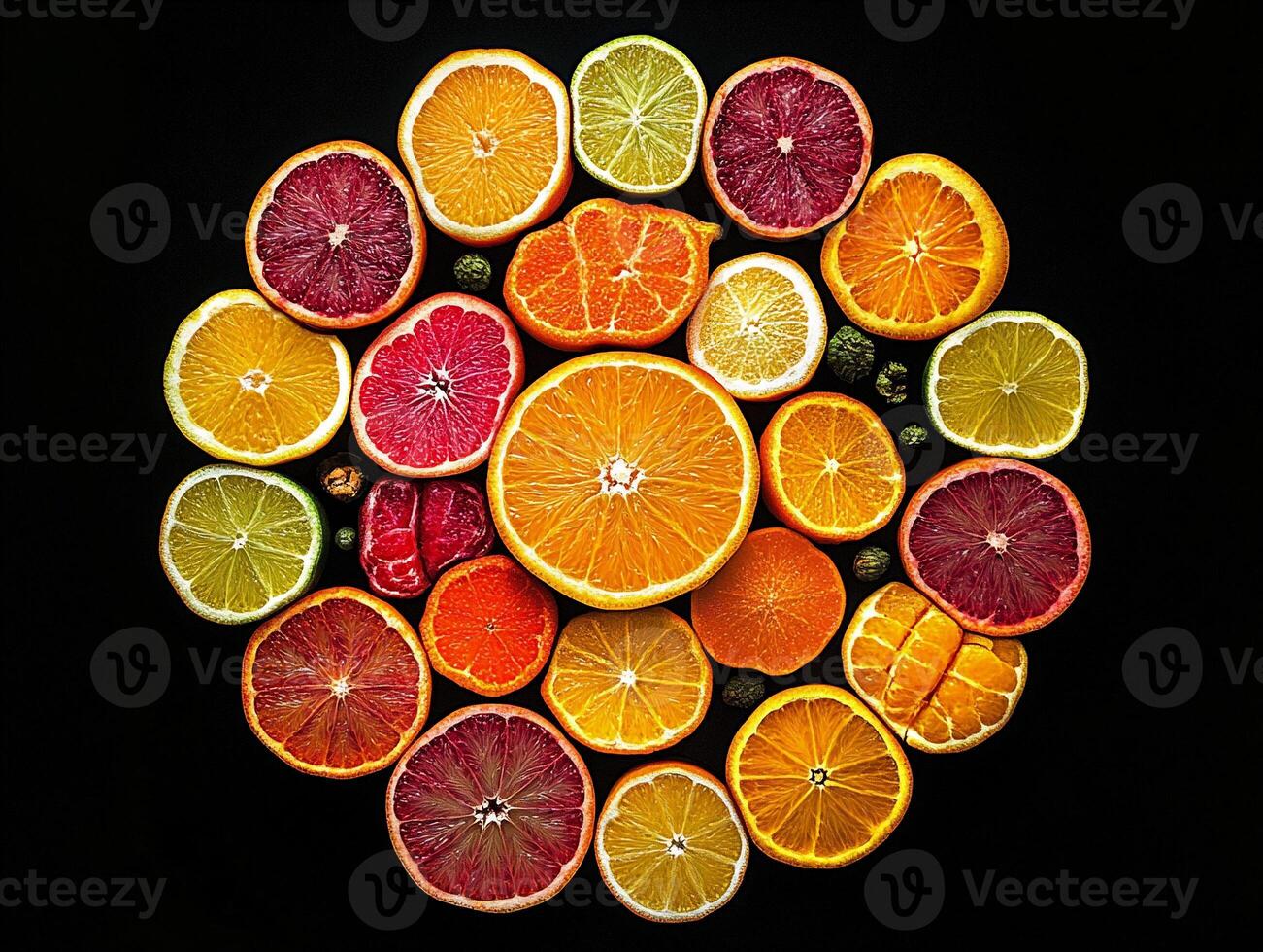 Assorted Slices of Citrus Fruits Arranged in a Circular Pattern on Black Background photo