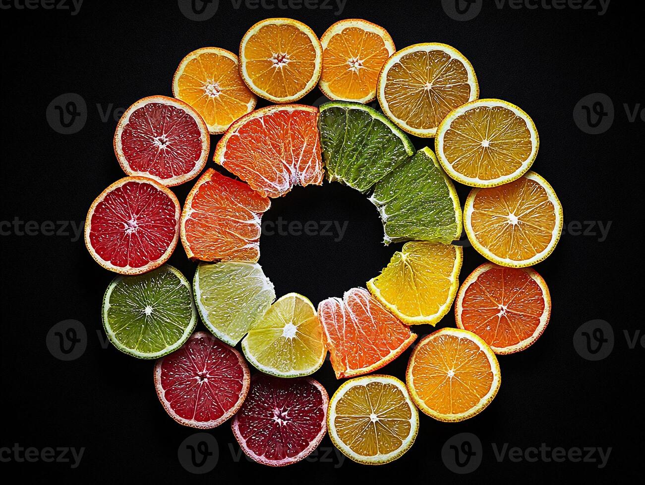 Assorted Slices of Citrus Fruits Arranged in a Circular Pattern on Black Background photo