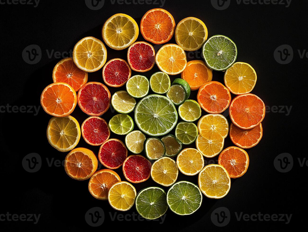 Assorted Slices of Citrus Fruits Arranged in a Circular Pattern on Black Background photo