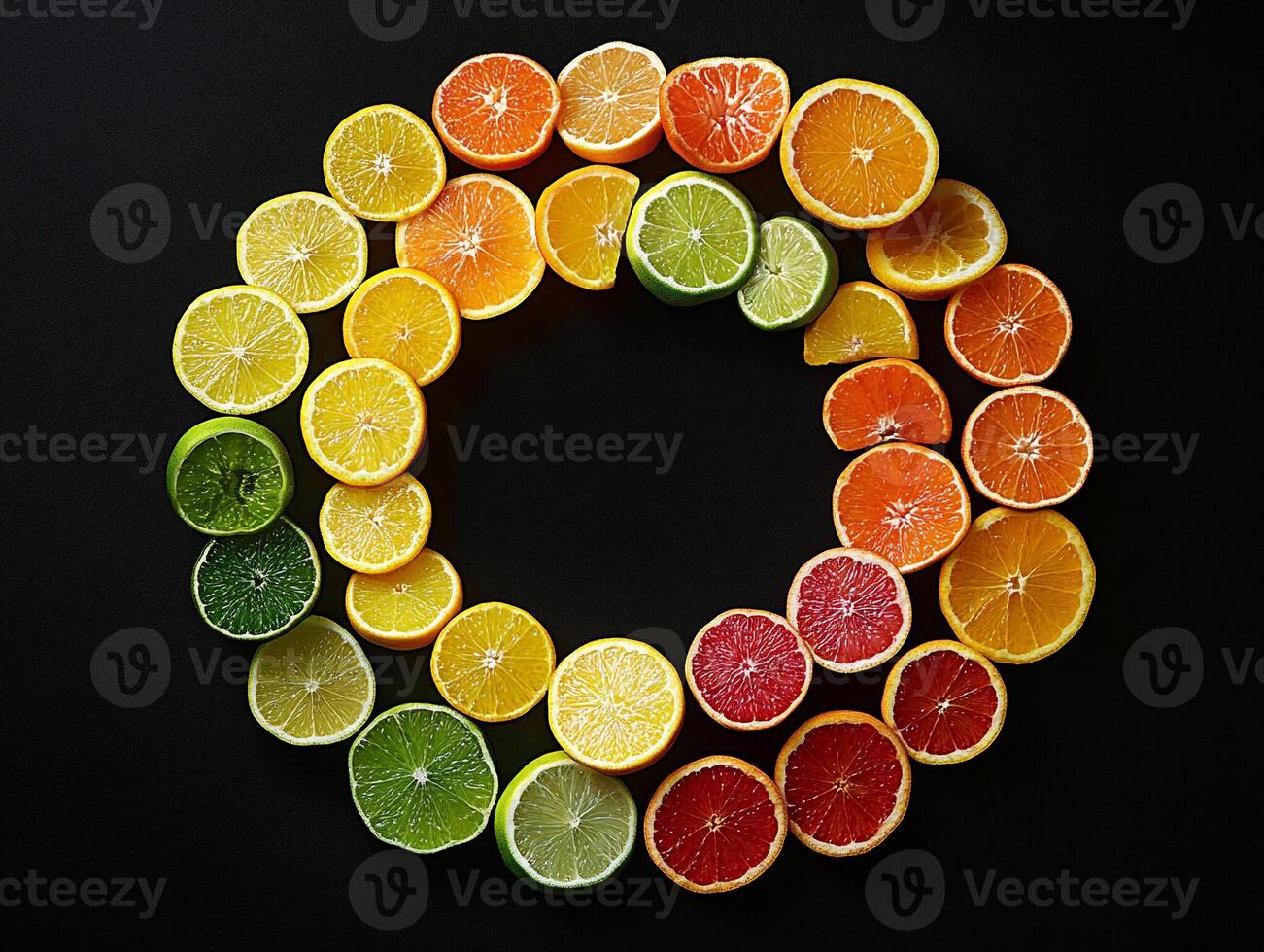 Assorted Slices of Citrus Fruits Arranged in a Circular Pattern on Black Background photo