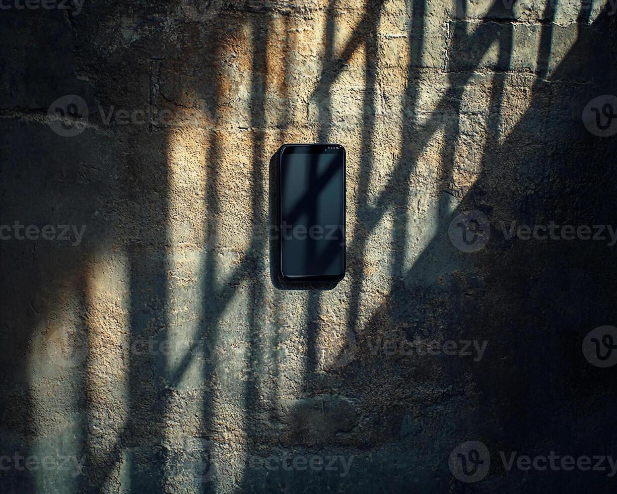 Modern Smartphone Suspended in Mid-Air with Shadowy Window Light on Wall photo