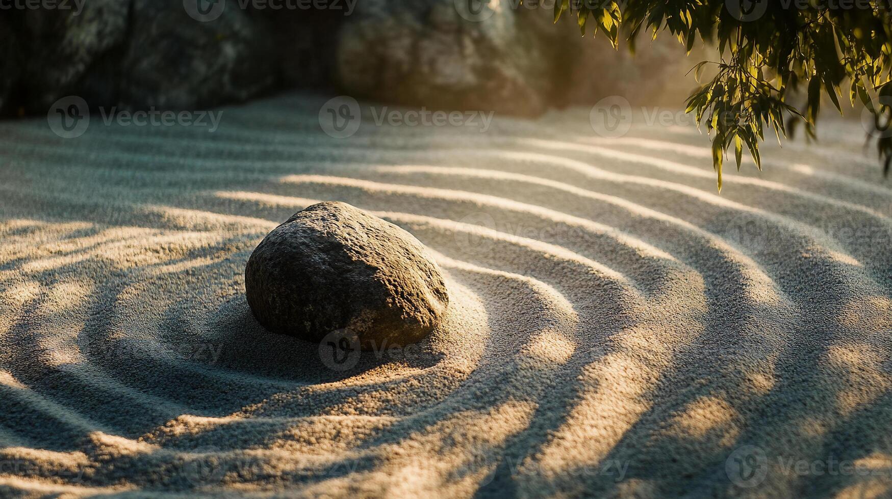 Zen Garden Scene with a Single Stone Casting Shadows on Raked Sand Patterns photo