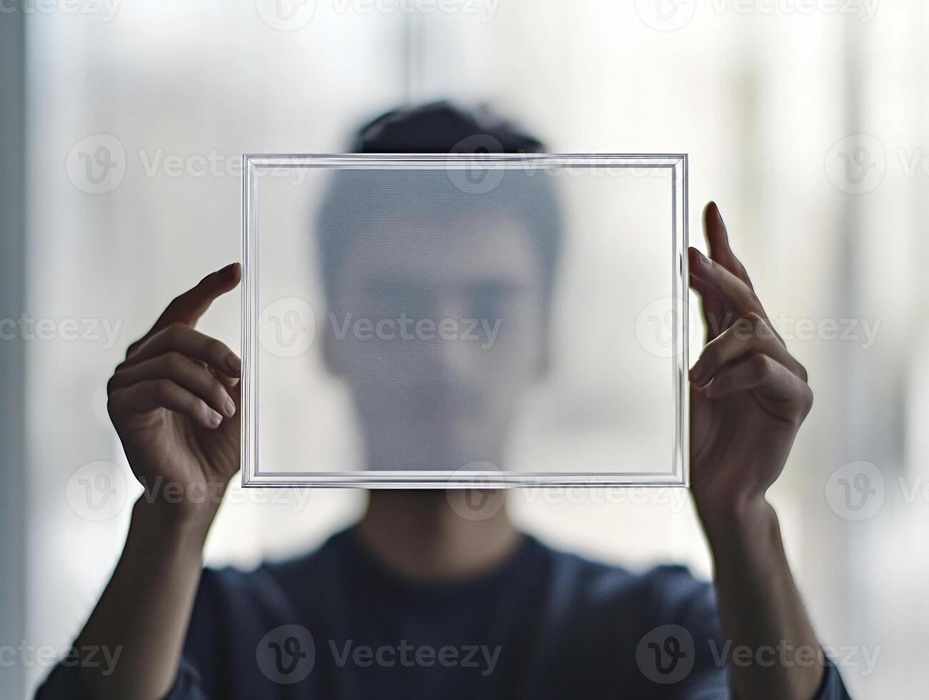 Blurred Portrait of a Man Holding a Transparent Glass Frame Against a Neutral Background photo