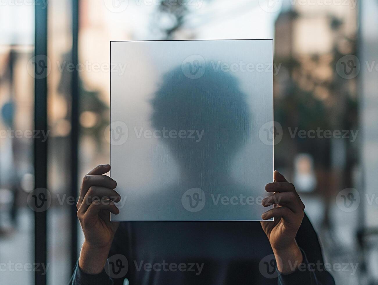 Blurred Portrait of a Man Holding a Transparent Glass Frame Against a Neutral Background photo