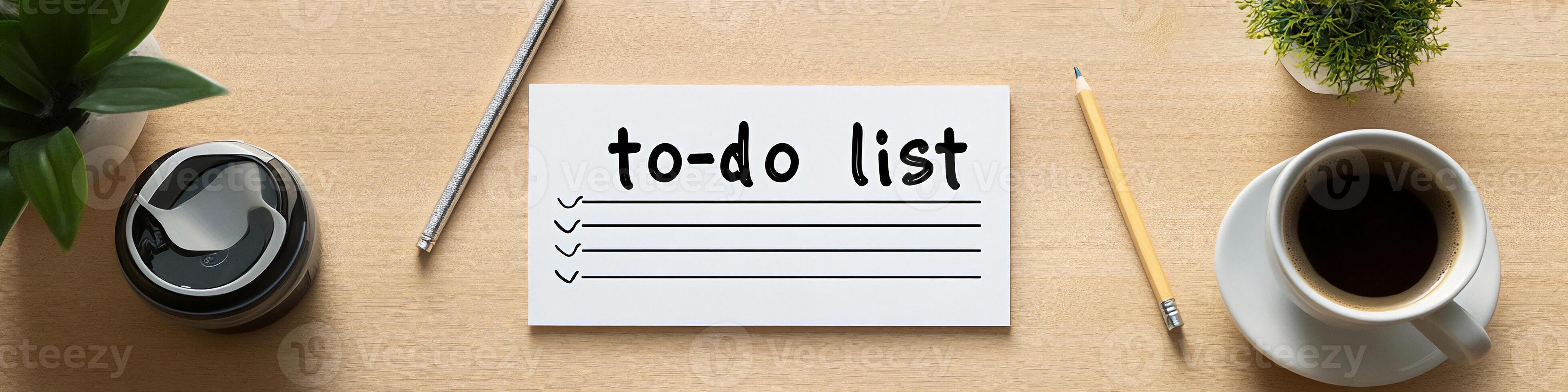 Minimalist horizontal banner featuring a todo list coffee cup and potted flower with ample copy space photo