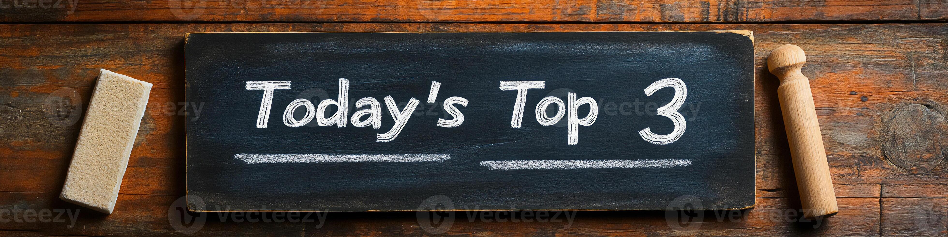 Chalkboard with Today's Top 3 tasks written in white chalk rustic wooden desk photo