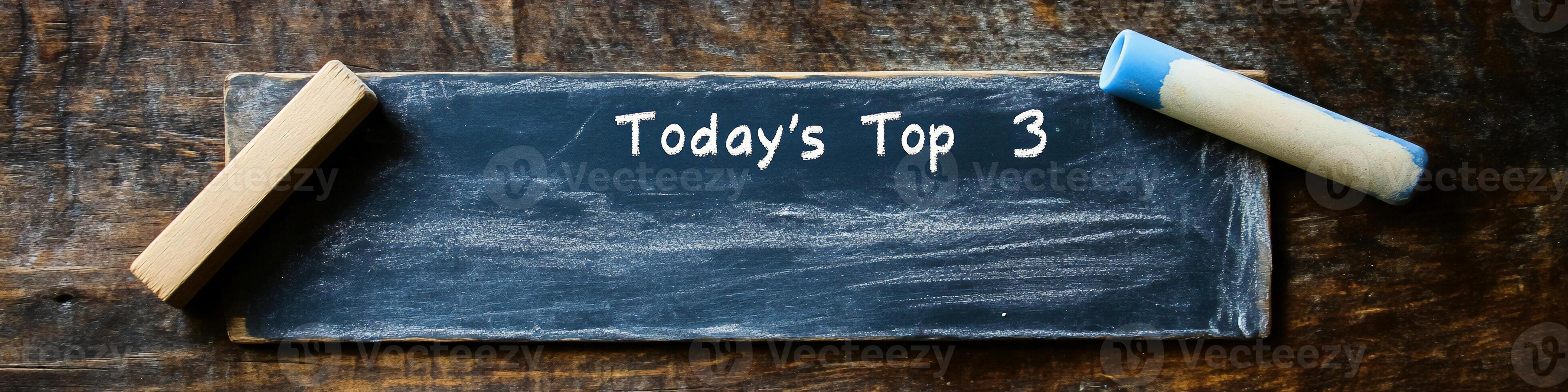 Chalkboard with Today's Top 3 tasks written in white chalk rustic wooden desk photo