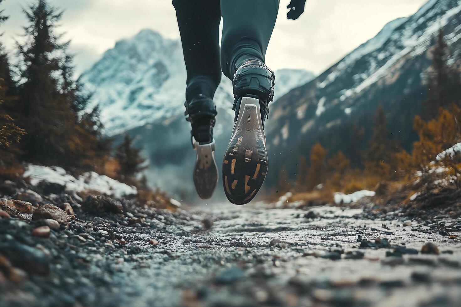 Running Prosthetic Legs in Mountain Mud Showcasing Resilience and Athleticism photo