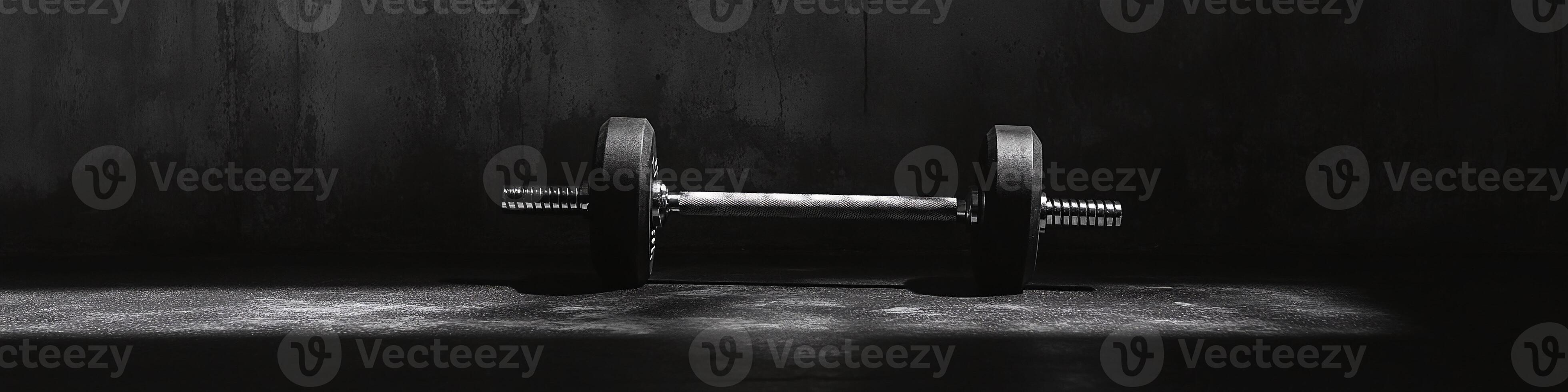 Dumbbell on Ground with Dark Background and Copy Space photo