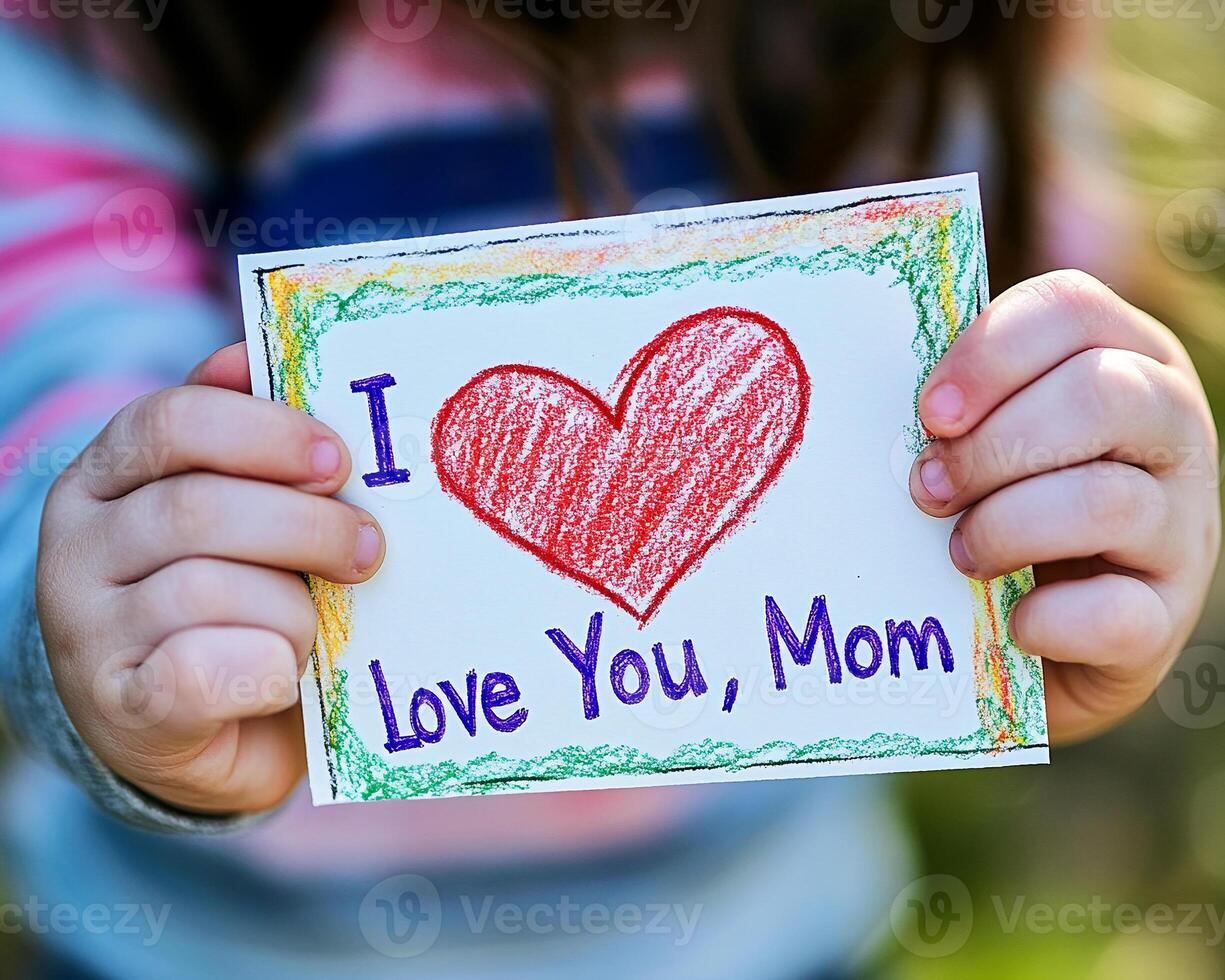 Little Girl Holding a Painting with Heart and I Love You Mom Message photo