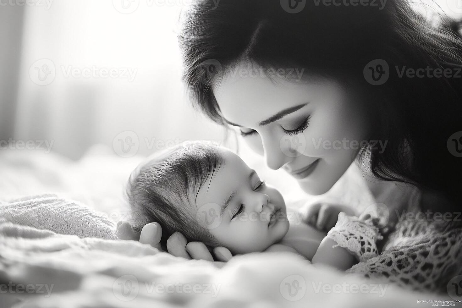 Warm Moment of a Mother and Her Newborn Baby in Monochromatic Black and White photo