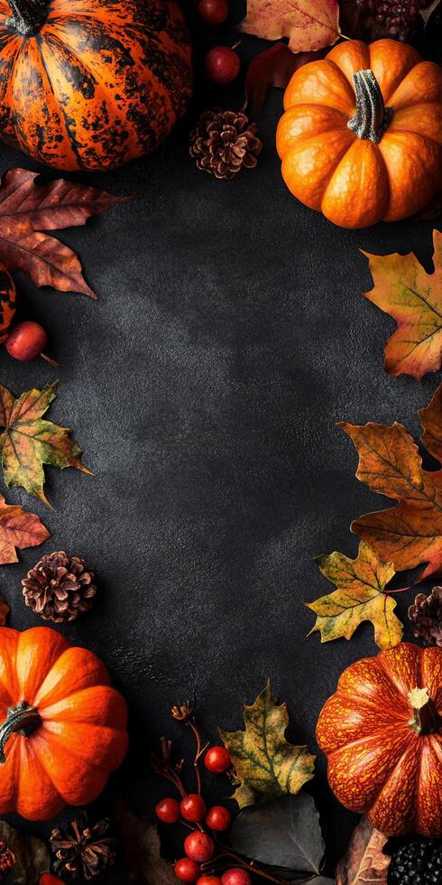 Harvest Festival Fruits on Dark Background with Central Space for Creative Use photo