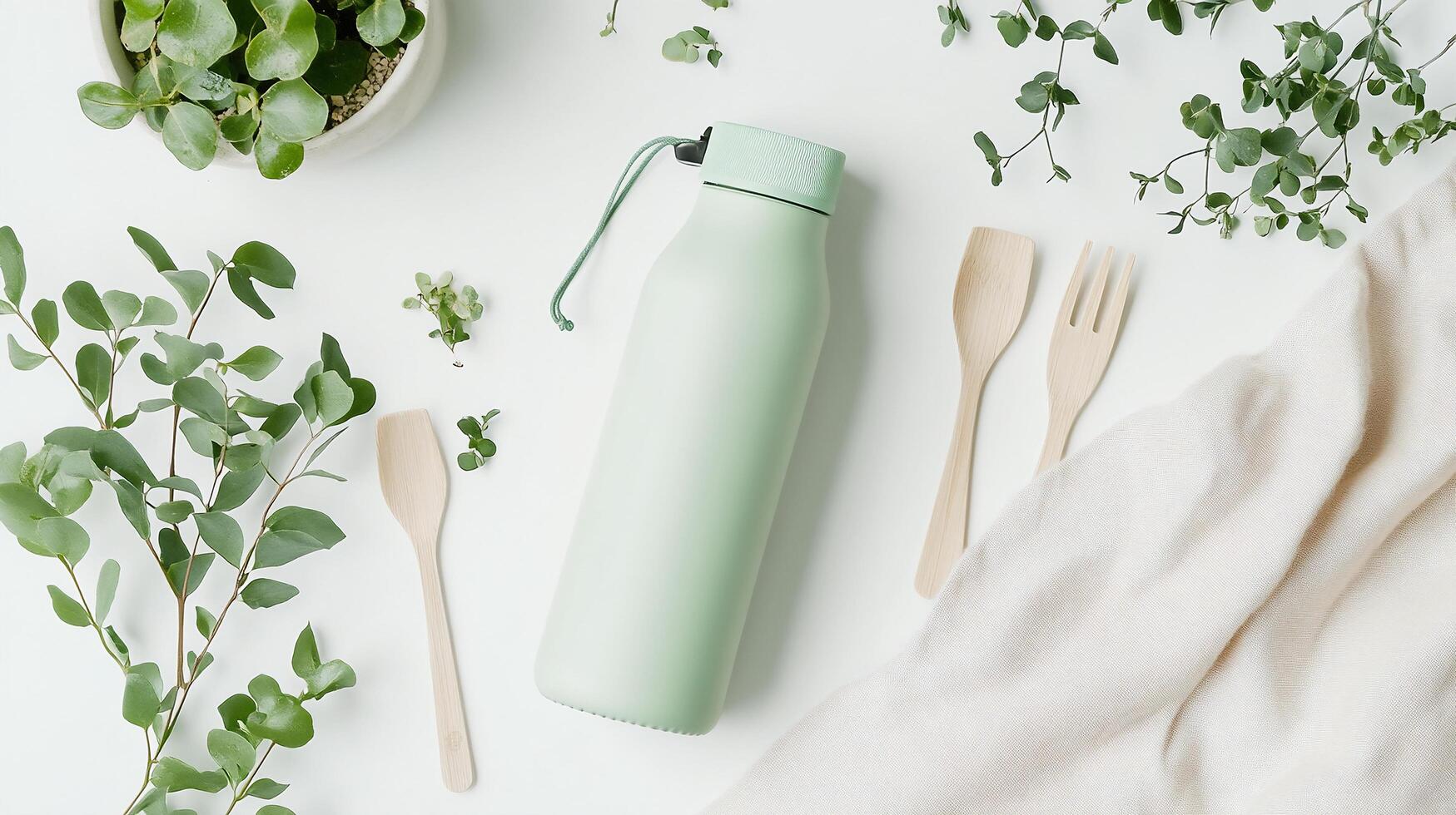 Top Down View of Reusable Water Bottle and Miniature Potted Plants on White Background photo