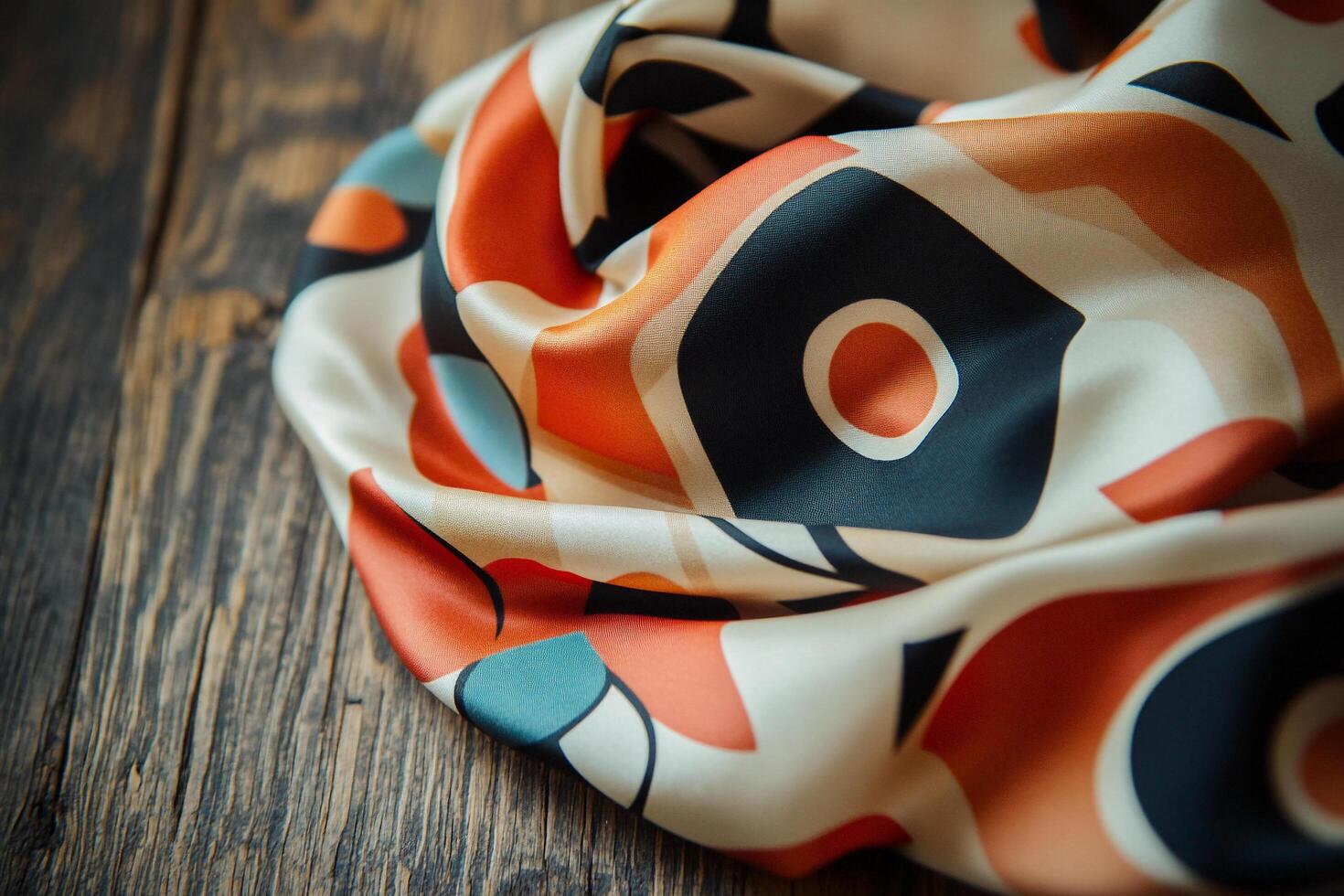 Close-Up of Colorful Silk Scarf Highlighting Luxurious Texture and Vibrant Design photo