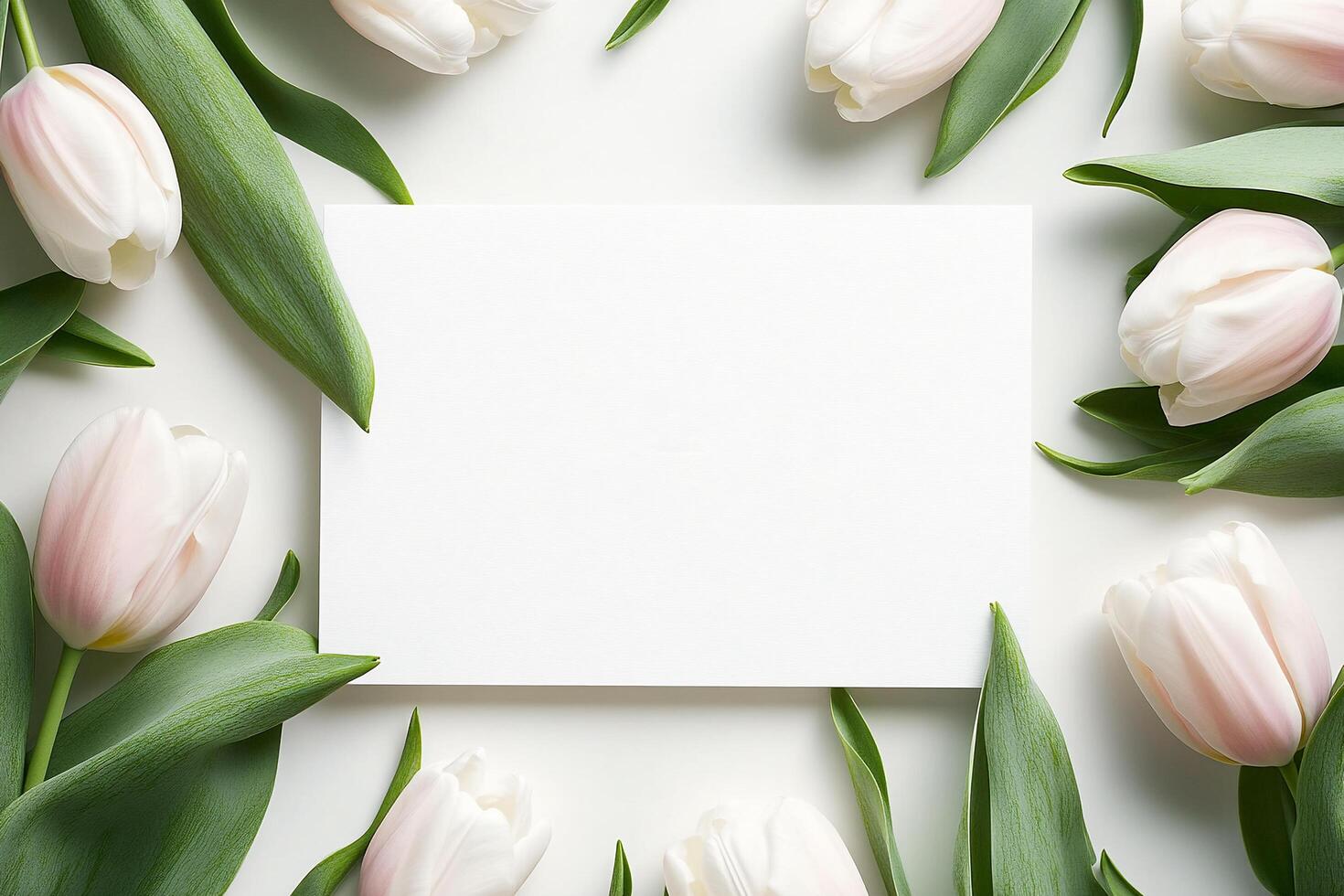 Tulip Frame on White Background Featuring Blank Envelope as Central Element Easter Template photo