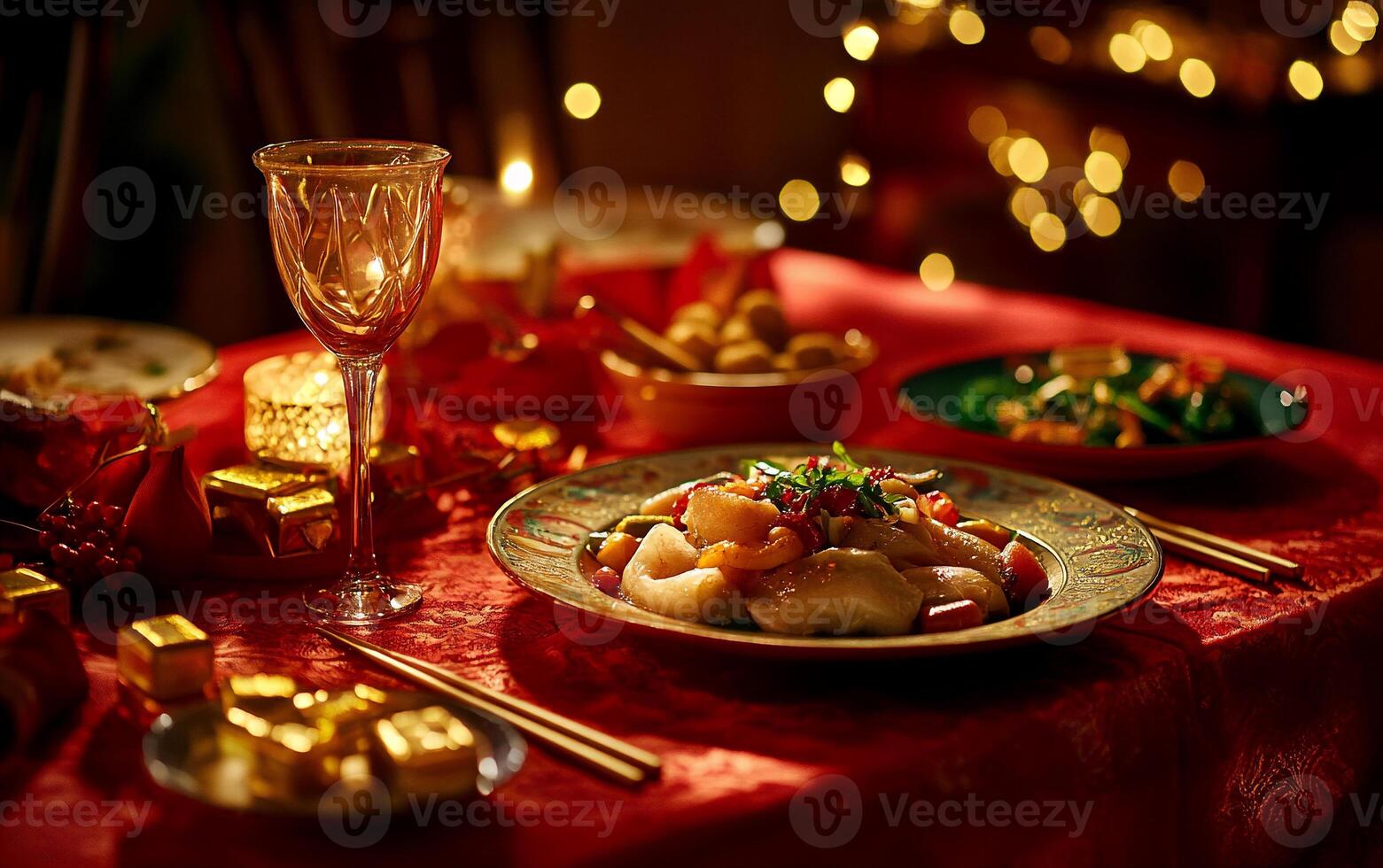 Festive Dinner Table with Asian Foods on Red Table cloth photo