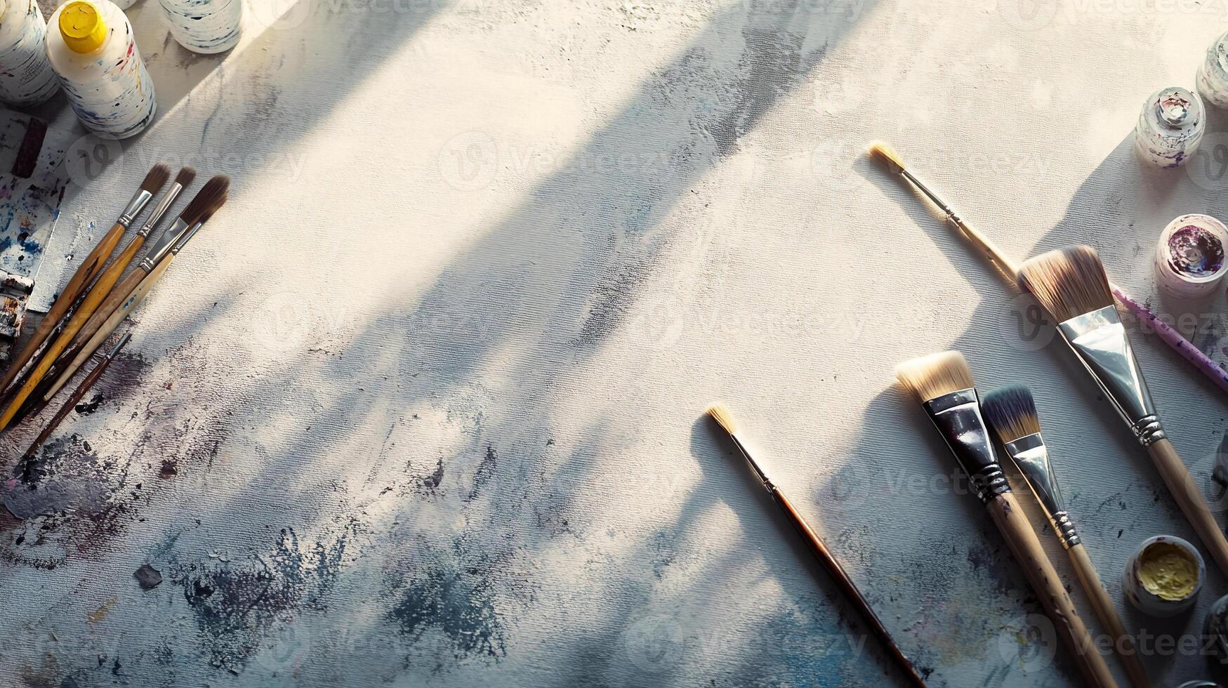 Painter's Workspace with Paint Brushes and Canvas photo